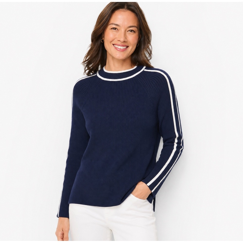 T by Talbots Womens Navy Blue CoolMax Ribbed Stripe Sleeve Sweater Small NEW